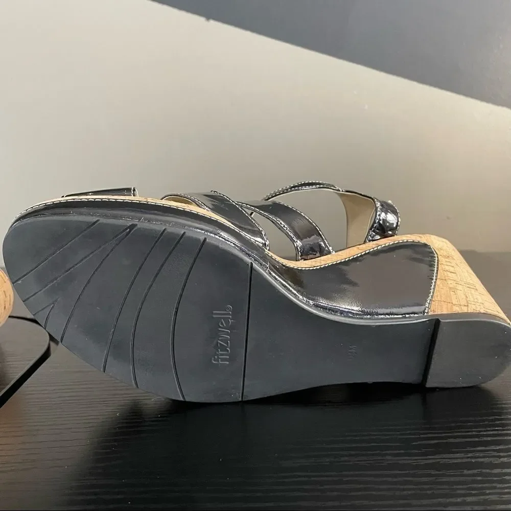 Fitzwell Navy Patent Leather and Cork Platform Wedge Strap Sandals, 9 1/2